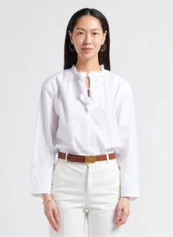 Soeur THEMA - Blouse Col Mao à Volants En Coton | Blanc