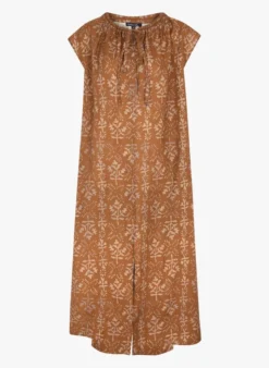 Soeur TAMARIS - Robe Midi Col Tunisien Imprimée En Lin | Marron -Soeur Soldes Boutique 4121894