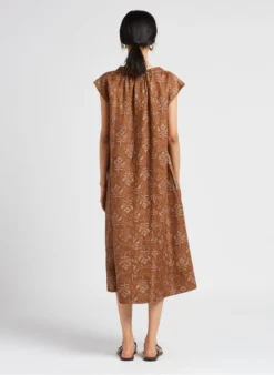 Soeur TAMARIS - Robe Midi Col Tunisien Imprimée En Lin | Marron -Soeur Soldes Boutique 4123517