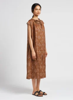 Soeur TAMARIS - Robe Midi Col Tunisien Imprimée En Lin | Marron -Soeur Soldes Boutique 4123518