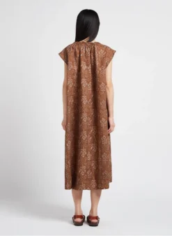 Soeur TAMARIS - Robe Midi Col Tunisien Imprimée En Lin | Marron -Soeur Soldes Boutique 4156270