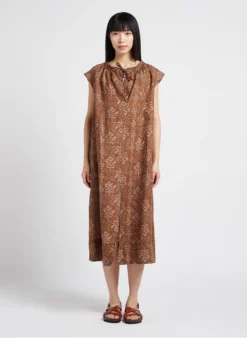 Soeur TAMARIS - Robe Midi Col Tunisien Imprimée En Lin | Marron -Soeur Soldes Boutique 4156271