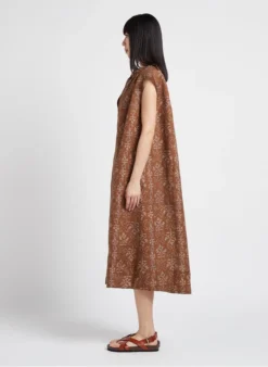 Soeur TAMARIS - Robe Midi Col Tunisien Imprimée En Lin | Marron -Soeur Soldes Boutique 4156273